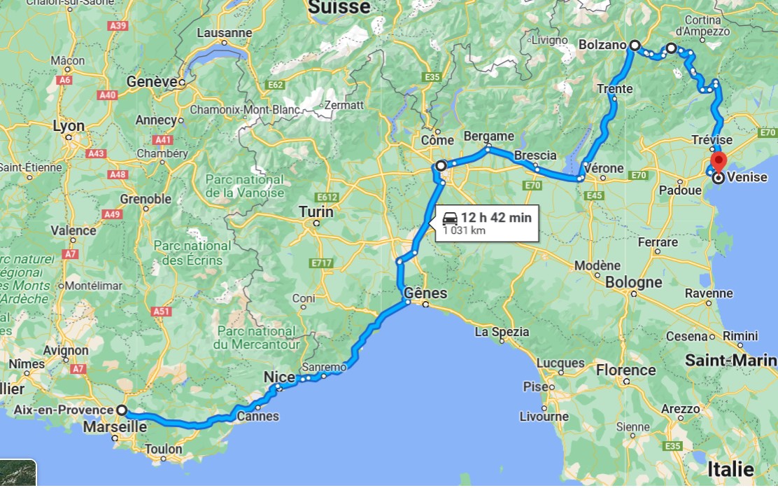 Traveling to Venice, over Genova, Milano, the Come and Maggiore lakes, Trento, and Bolzano