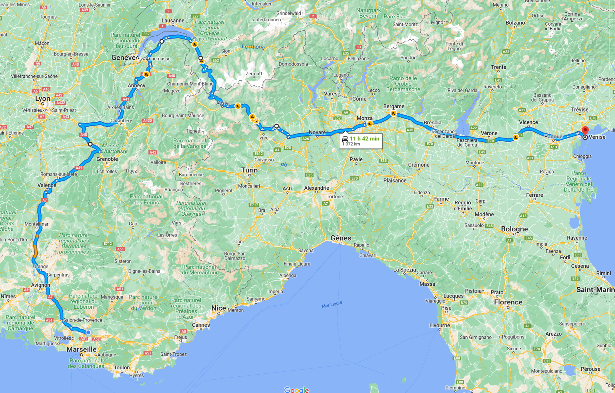 The way back over Padova, Verona, the Garda lake, Biella, Martigny, and Thonon.